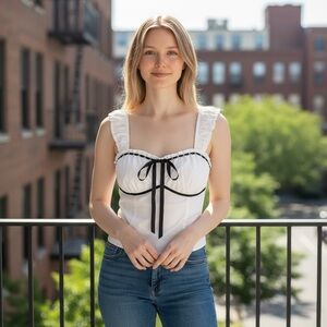 Sienna Sky Y2K Style White and Black Intimate Coquette Babydoll Doll Bow Top